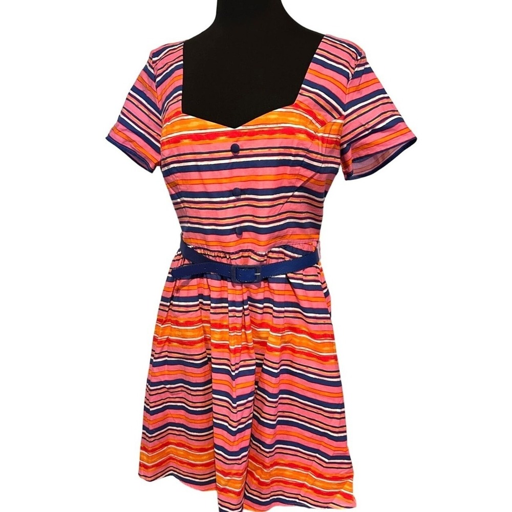 XL Modcloth Fit & Flare Retro Dress - Pink,‎ Blue, & Orange Stripes